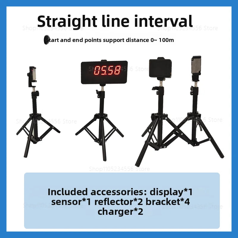 Basketball training timer system with LED display, laser sensors, adjustable tripods, and accessories for 0–100 metre sprint timing, agility drills, speed training, and performance testing.