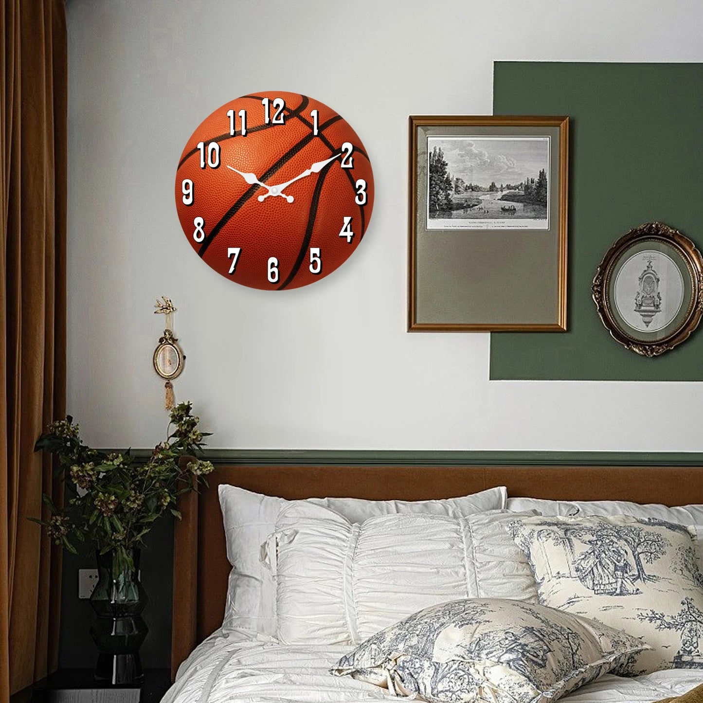 Basketball wall clock displayed above a bed in a modern bedroom, showcasing realistic basketball design as stylish sports wall decor for bedrooms, game rooms, or basketball fans.