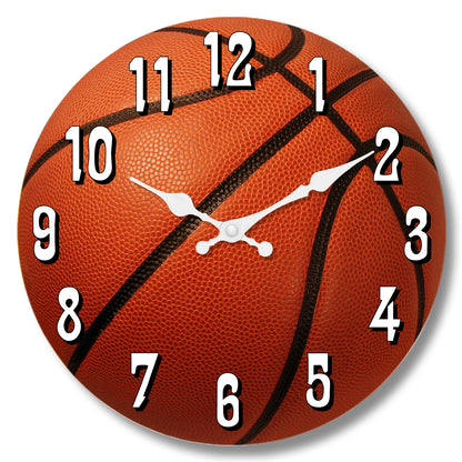 Basketball wall clock front view featuring realistic basketball print, bold white numbers, silent quartz movement, and aluminum clock hands for bedroom, office, or game room decor.