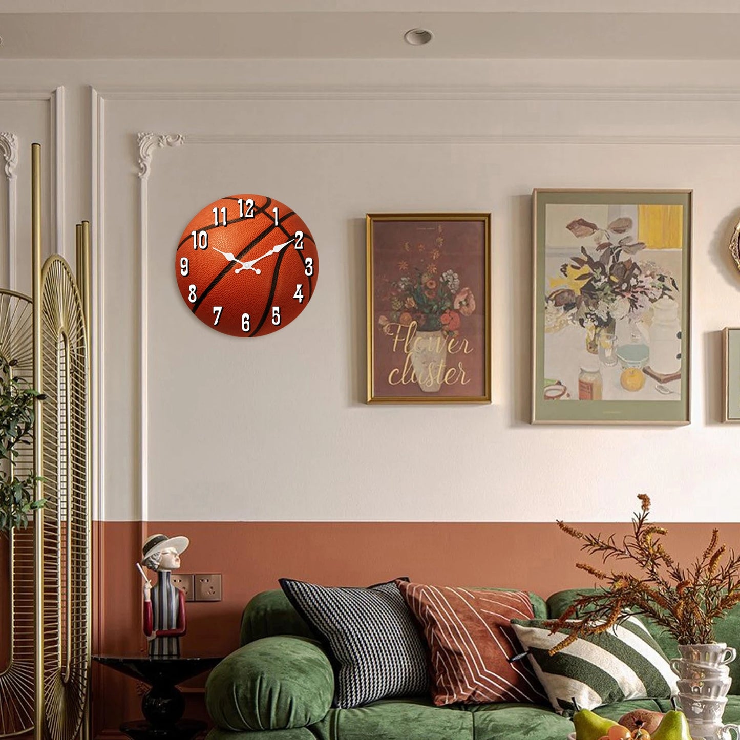 Basketball wall clock displayed in a modern living room, adding realistic basketball-themed wall decor to sports-inspired homes, game rooms, offices, or fan collections.