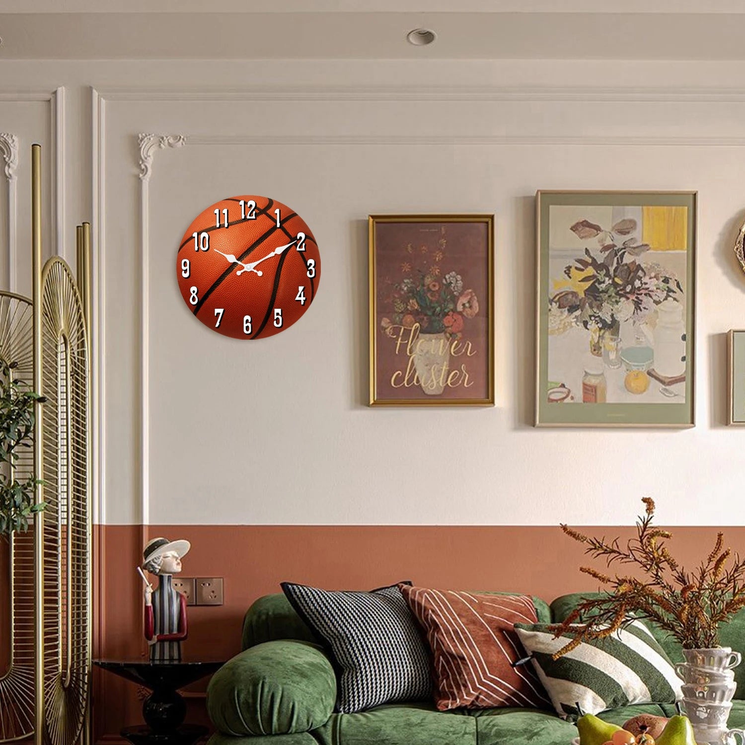 Basketball wall clock displayed in a modern living room, adding realistic basketball-themed wall decor to sports-inspired homes, game rooms, offices, or fan collections.