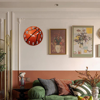 Basketball wall clock displayed in a modern living room, adding realistic basketball-themed wall decor to sports-inspired homes, game rooms, offices, or fan collections.
