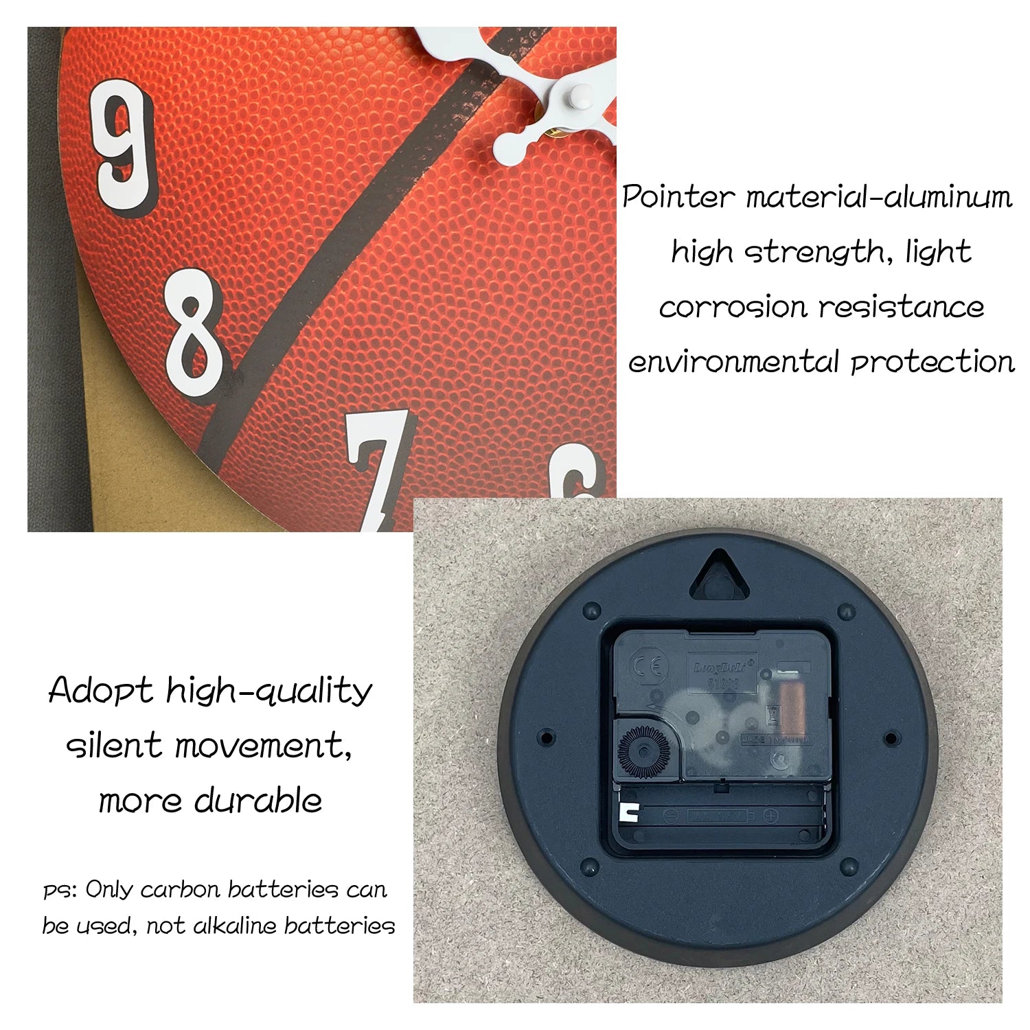 Close-up of basketball wall clock highlighting silent quartz movement, durable aluminum clock hands, and rear battery compartment for reliable timekeeping in bedrooms, game rooms, or sports-themed spaces.
