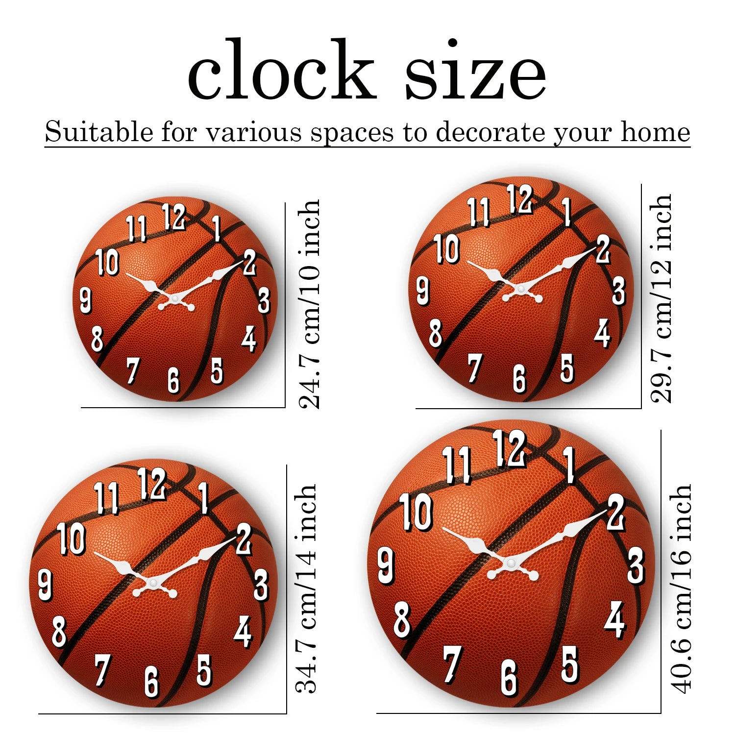 Basketball wall clock size guide showing 10-inch, 12-inch, 14-inch, and 16-inch options to help choose the perfect sports wall clock for bedrooms, game rooms, offices, or home decor.