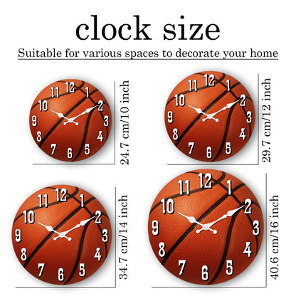 Basketball wall clock size guide showing 10-inch, 12-inch, 14-inch, and 16-inch options to help choose the perfect sports wall clock for bedrooms, game rooms, offices, or home decor.