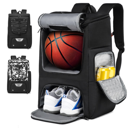 Black backpack with compartments for a basketball, shoes, and accessories on a white background