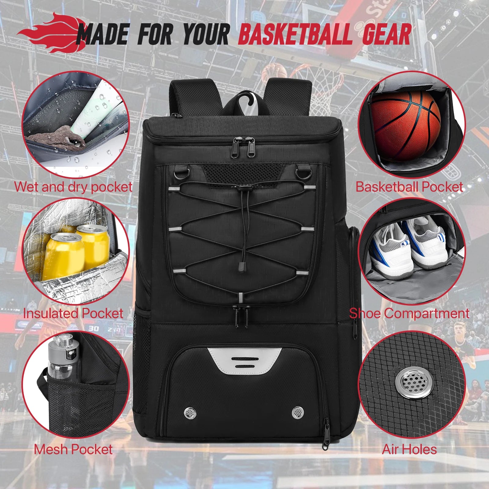 Black backpack with various compartments and features highlighted on a sports-themed background