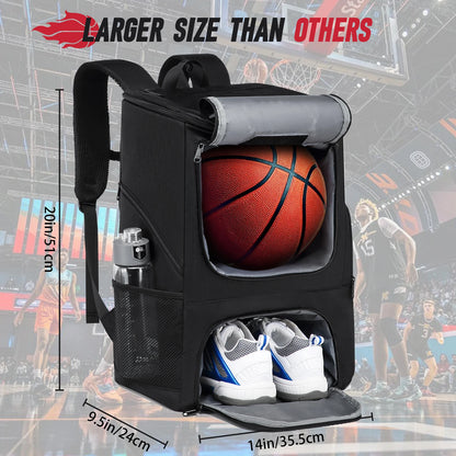 Black backpack with basketball compartment, water bottle, and shoes, with basketball game background.
Basketball backpack open showing shoe compartment storage