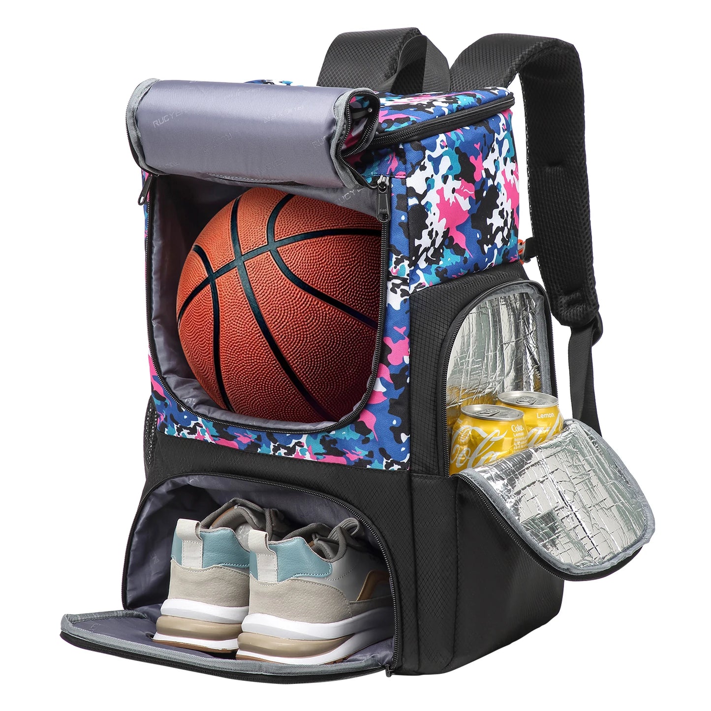 basketball backpack Multifunctional with a basketball, shoes, and drinks on a white background