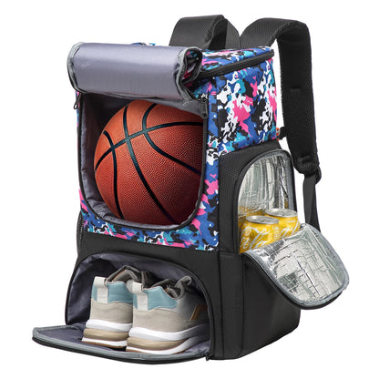 basketball backpack Multifunctional with a basketball, shoes, and drinks on a white background