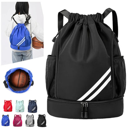 Black drawstring bag with white stripes, basketball, and color options displayed.
