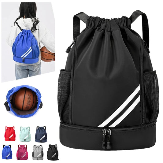 Black drawstring bag with white stripes, basketball, and color options displayed.