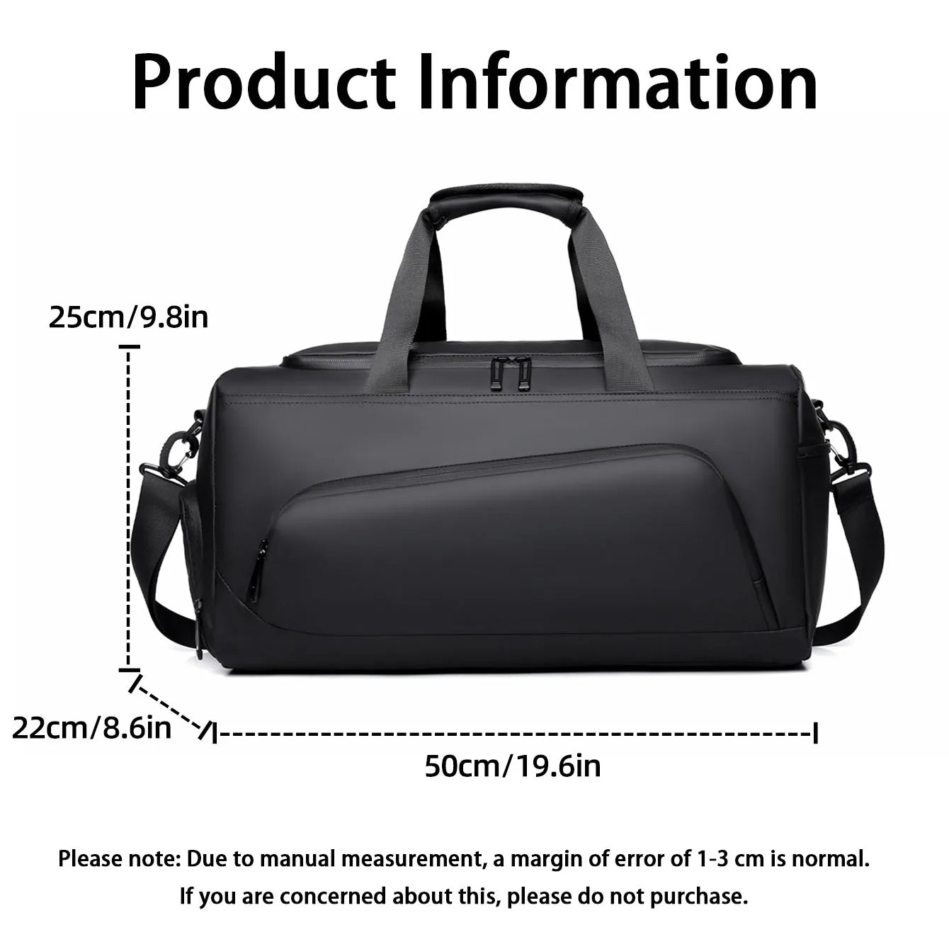 Black travel duffel bag with measurements on a white background