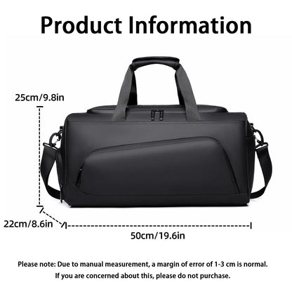Black travel duffel bag with measurements on a white background