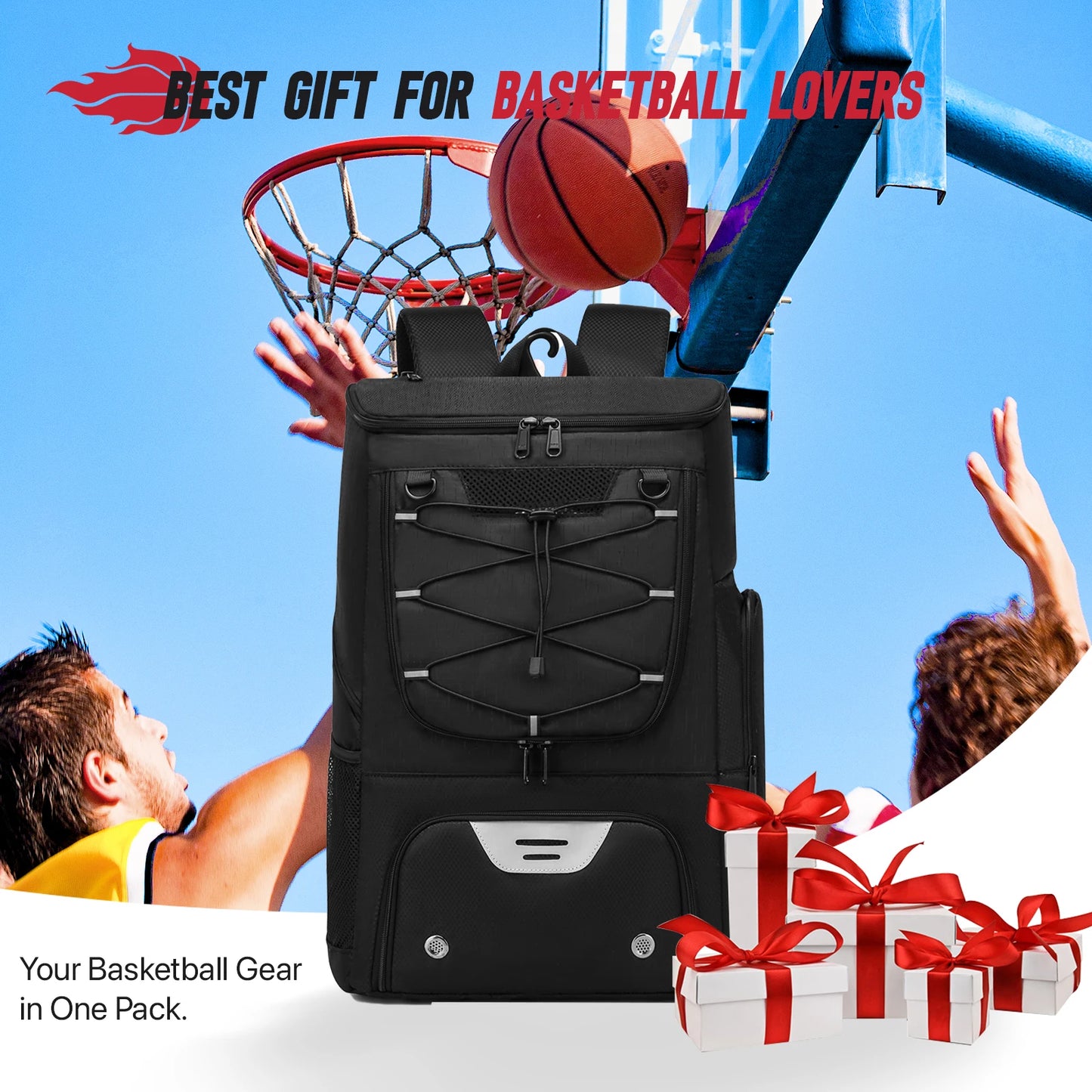 Black backpack with basketball and gift boxes, labeled 'Best Gift for Basketball Lovers'.