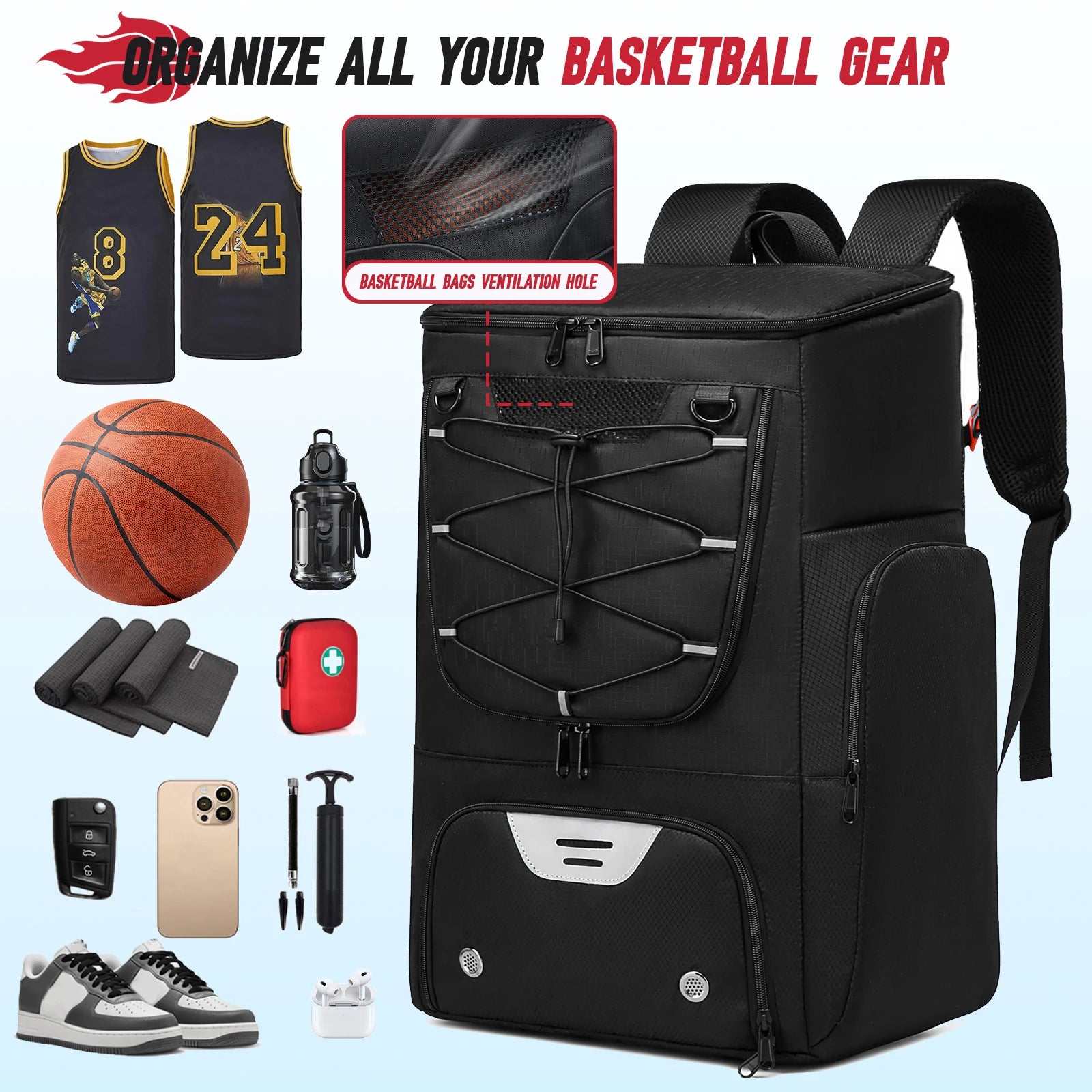 Black basketball backpack with various accessories on a light blue background