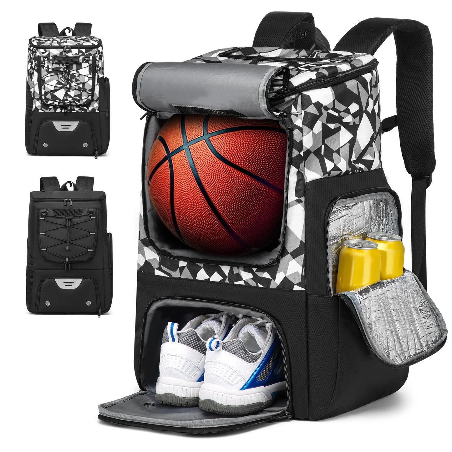basketball backpack Camouflage with basketball compartment, shoe storage, and drink holder on a white background.