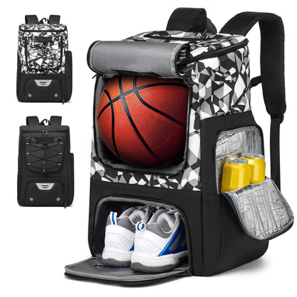 basketball backpack Camouflage with basketball compartment, shoe storage, and drink holder on a white background.