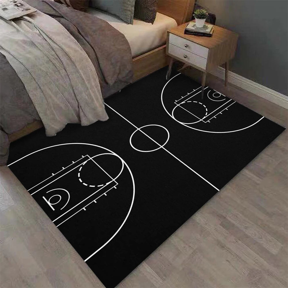 Minimalist black rectangle basketball court rug with clean white court lines, featuring a soft non-slip surface for bedrooms, game rooms, basketball-themed décor, and sports enthusiasts.