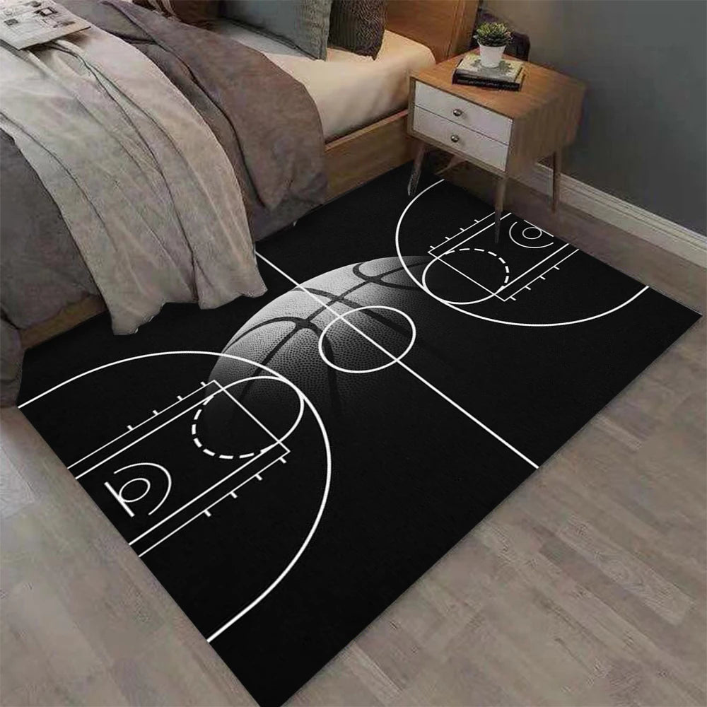 Black rectangle basketball court rug with a realistic court and basketball design, featuring a soft non-slip surface for bedrooms, game rooms, basketball-themed décor, and sports enthusiasts.