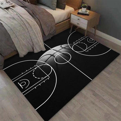 Black rectangle basketball court rug with a realistic court and basketball design, featuring a soft non-slip surface for bedrooms, game rooms, basketball-themed décor, and sports enthusiasts.
