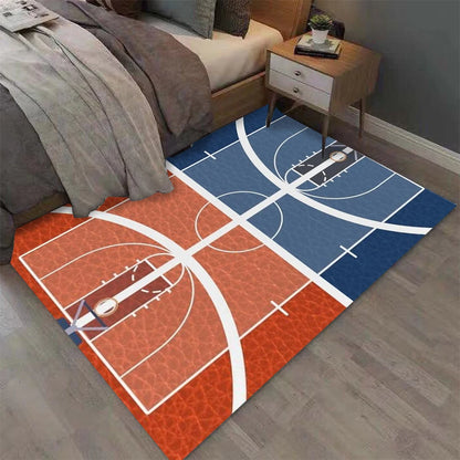 Blue and orange rectangle basketball court rug with a realistic court design, featuring a soft non-slip surface for bedrooms, game rooms, basketball-themed décor, and sports enthusiasts.