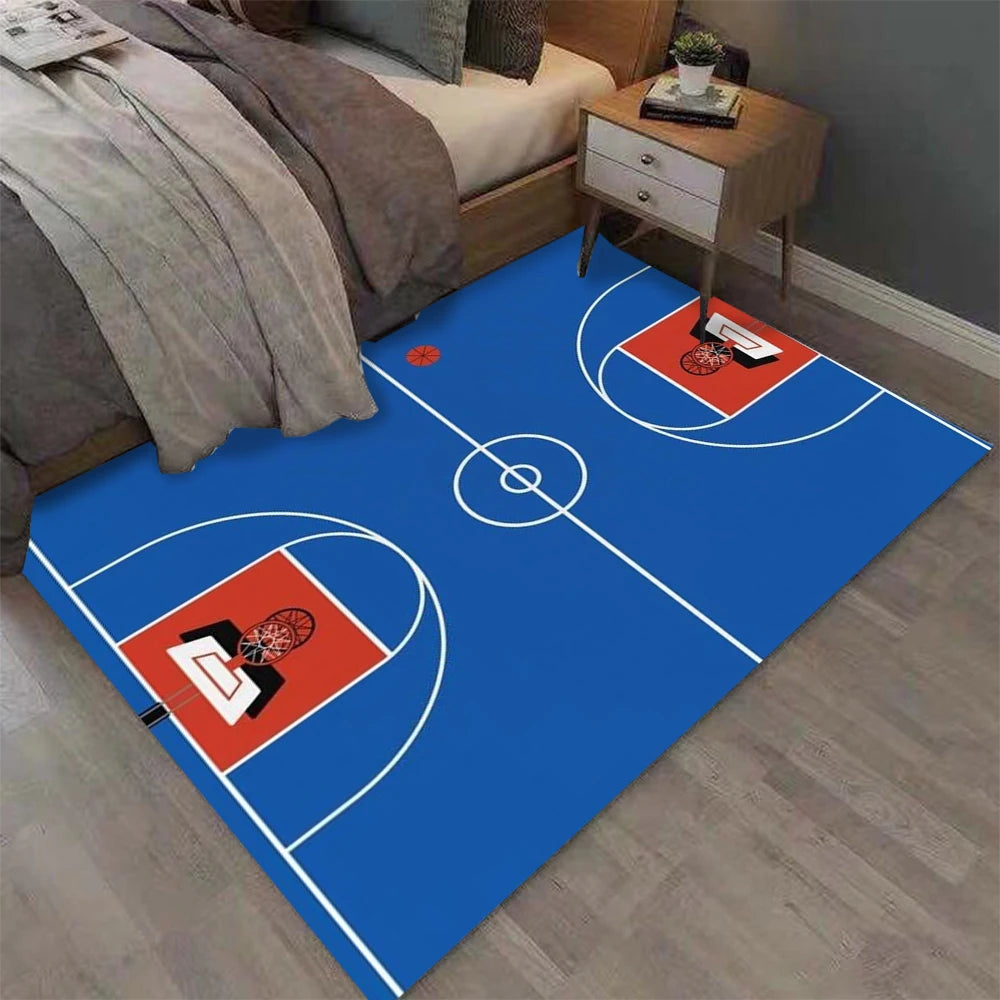 Blue rectangle basketball court rug with realistic court markings and hoop graphics, featuring a soft non-slip surface for bedrooms, game rooms, basketball-themed décor, and sports enthusiasts.