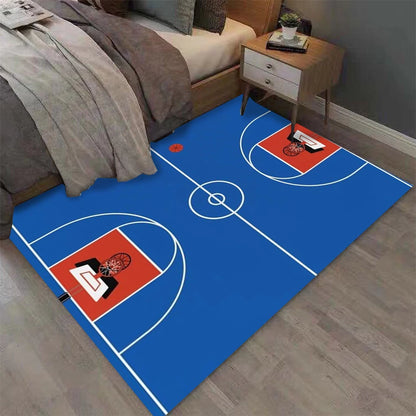 Blue rectangle basketball court rug with realistic court markings and hoop graphics, featuring a soft non-slip surface for bedrooms, game rooms, basketball-themed décor, and sports enthusiasts.