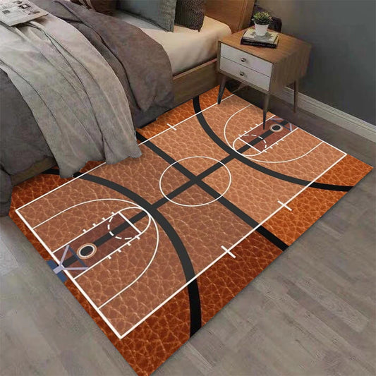 Rectangle basketball court rug styled in a bedroom, featuring a realistic basketball court design with a soft non-slip surface for game rooms, bedrooms, basketball-themed décor, and sports fans.
