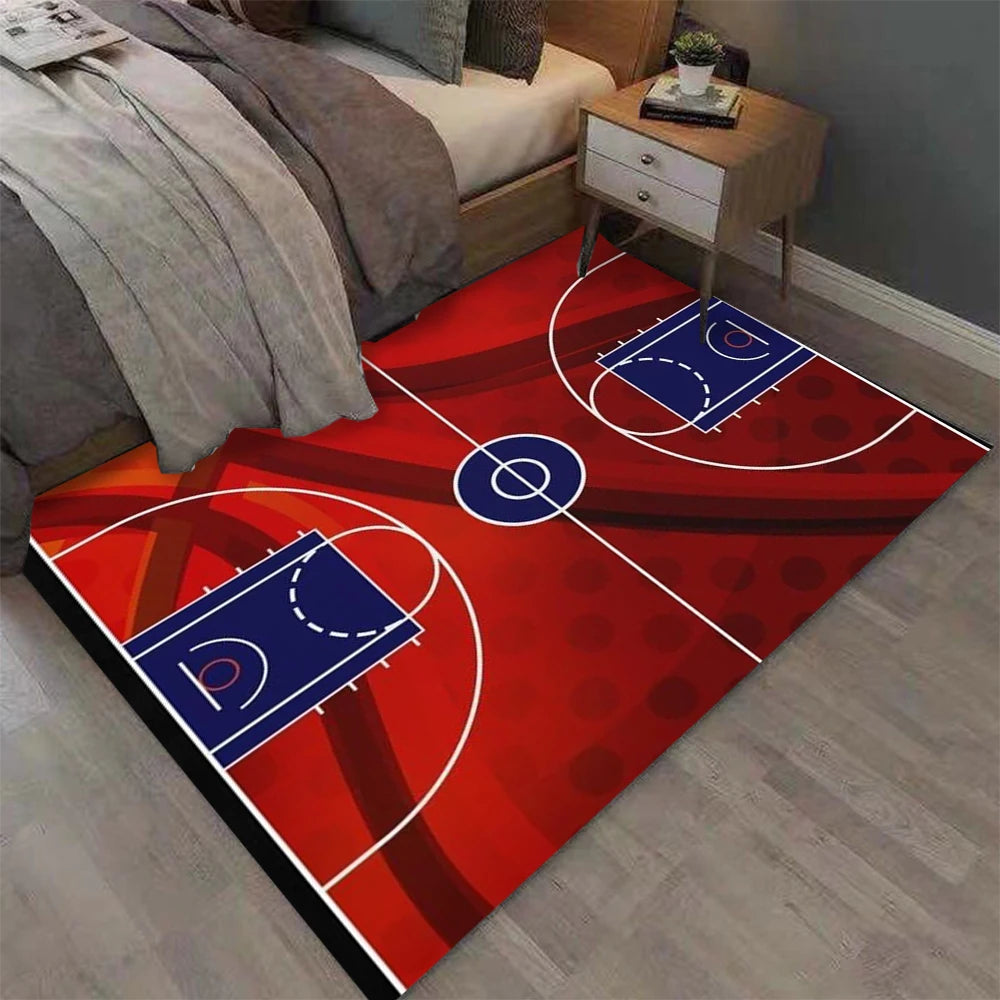 Red rectangle basketball court rug with a bold basketball-inspired court design, featuring a soft non-slip surface for bedrooms, game rooms, basketball-themed décor, and sports enthusiasts.