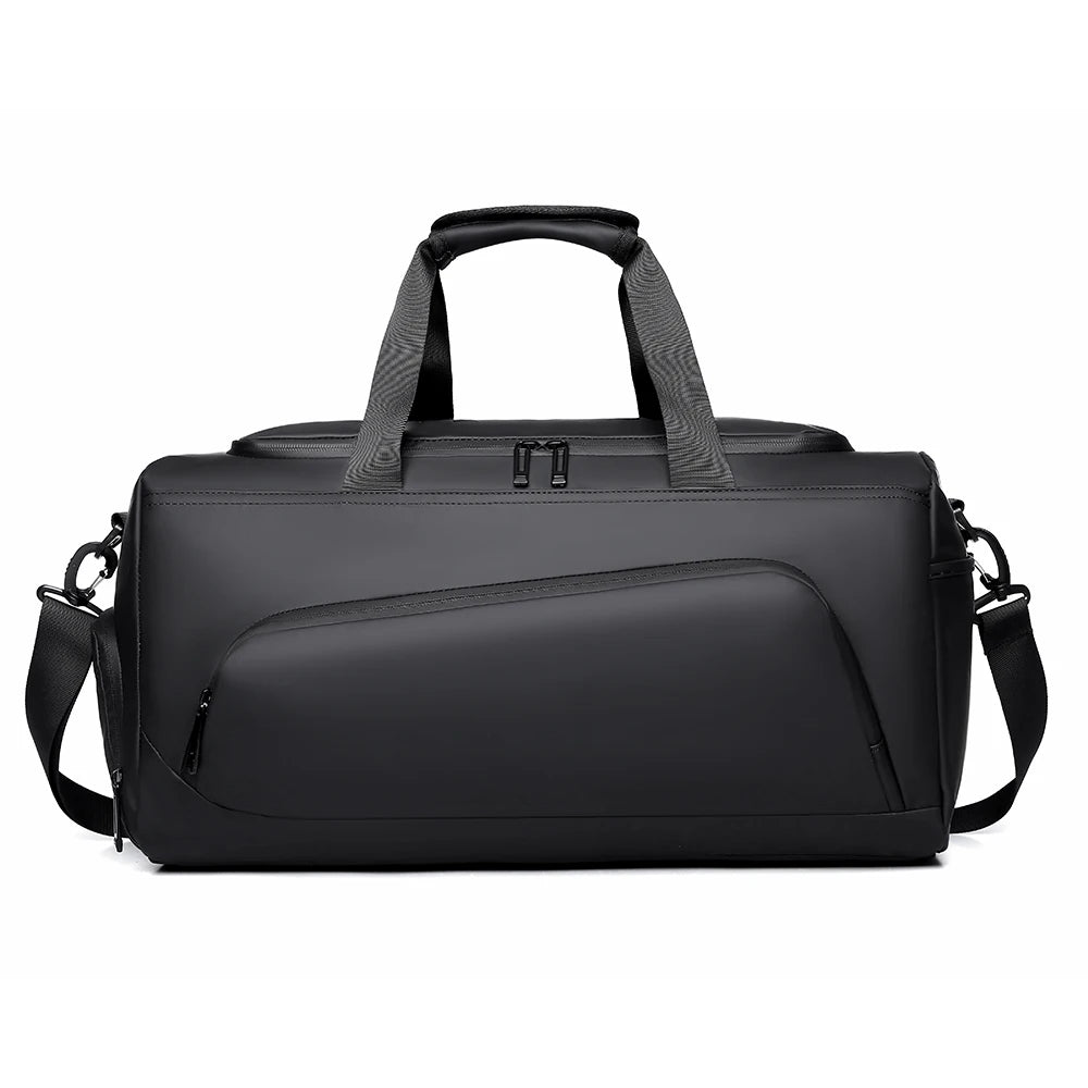 Front view of a black basketball duffel bag with a spacious main compartment, front zip pocket, adjustable shoulder strap, and durable design for basketball, gym training, sports, and travel.