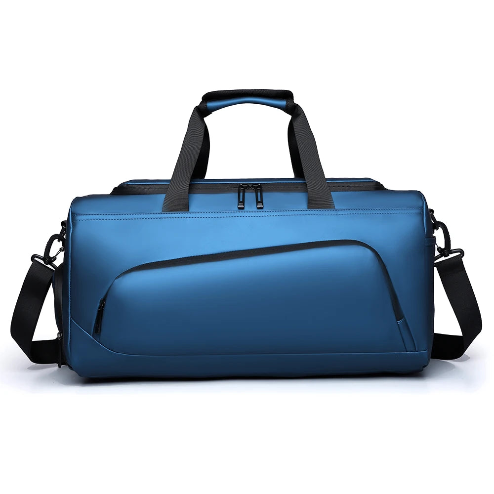 Front view of a blue basketball duffel bag with a spacious main compartment, adjustable shoulder strap, and durable design for basketball, gym workouts, sports, and travel.