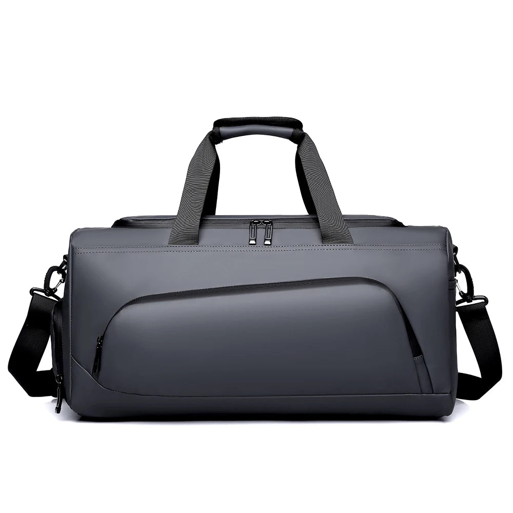 Front view of a grey basketball duffel bag with a spacious main compartment, front zip pocket, adjustable shoulder strap, and durable design for basketball, gym training, sports, and travel.