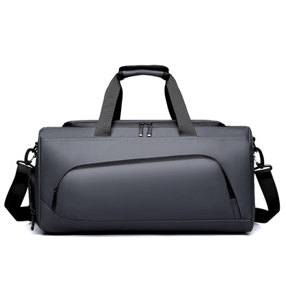Front view of a grey basketball duffel bag with a spacious main compartment, front zip pocket, adjustable shoulder strap, and durable design for basketball, gym training, sports, and travel.