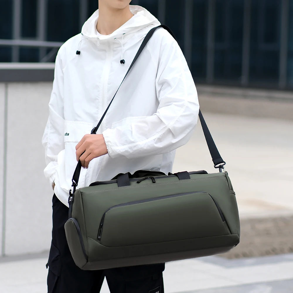 Basketball duffel bag with shoe compartment in olive green, large waterproof gym travel bag with adjustable shoulder strap for sports, basketball training, fitness, and weekend travel.