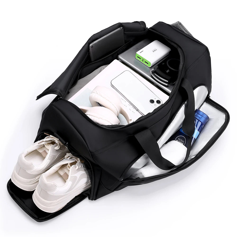 Large basketball duffel bag with separate shoe compartment, spacious main compartment for shoes, basketball gear, clothing, towel, water bottle, tablet, and travel essentials.