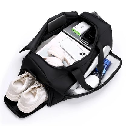 Large basketball duffel bag with separate shoe compartment, spacious main compartment for shoes, basketball gear, clothing, towel, water bottle, tablet, and travel essentials.