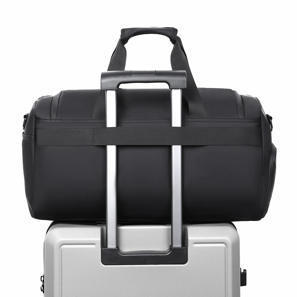 Basketball duffel bag with luggage sleeve securely attached to a suitcase, featuring a large storage compartment and travel-friendly design for basketball, gym, and sports equipment.