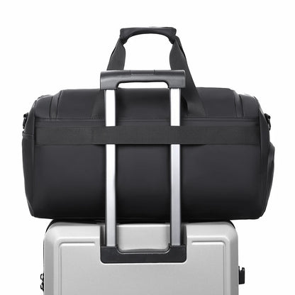 Basketball duffel bag with luggage sleeve securely attached to a suitcase, featuring a large storage compartment and travel-friendly design for basketball, gym, and sports equipment.