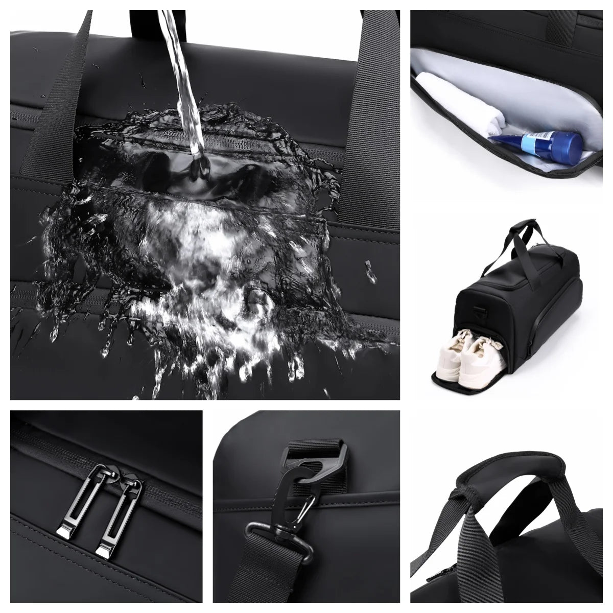 Collage showcasing the basketball duffel bag's water-resistant exterior, separate shoe compartment, durable zippers, adjustable shoulder strap, and premium construction for basketball, gym, and travel use.
