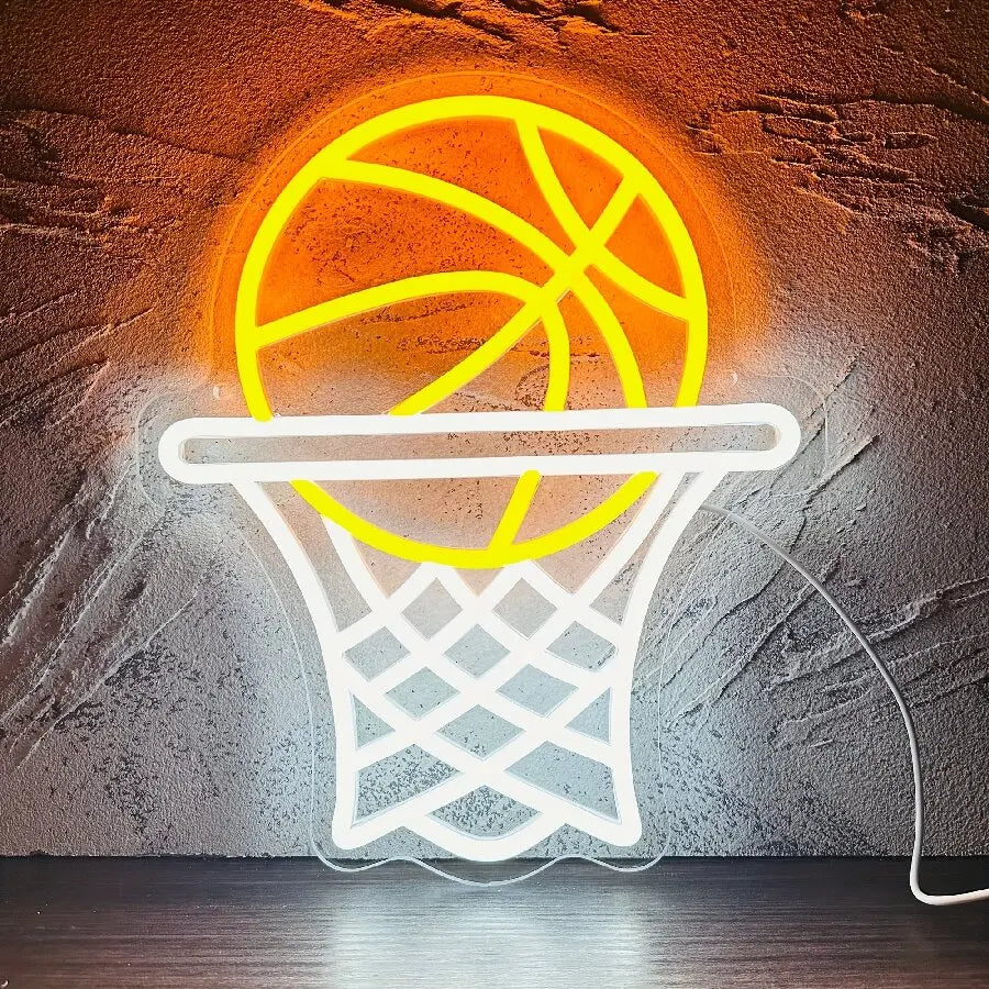 LED basketball hoop neon sign with an orange basketball and white hoop, ideal for bedroom wall décor, game rooms, home gyms, gaming setups, and basketball fan spaces.