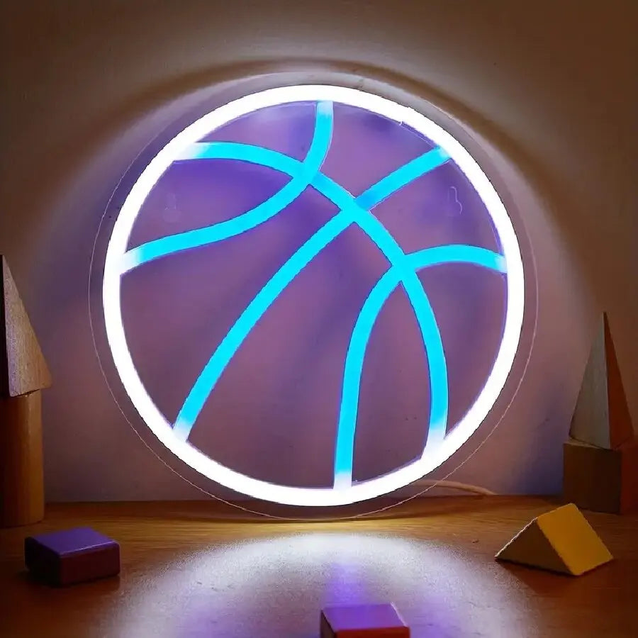 LED basketball neon sign with a glowing white and blue basketball design, perfect as wall décor for bedrooms, game rooms, home gyms, gaming setups, and basketball fan collections.