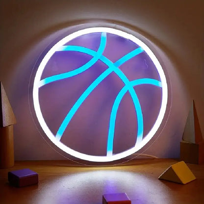 LED basketball neon sign with a glowing white and blue basketball design, perfect as wall décor for bedrooms, game rooms, home gyms, gaming setups, and basketball fan collections.