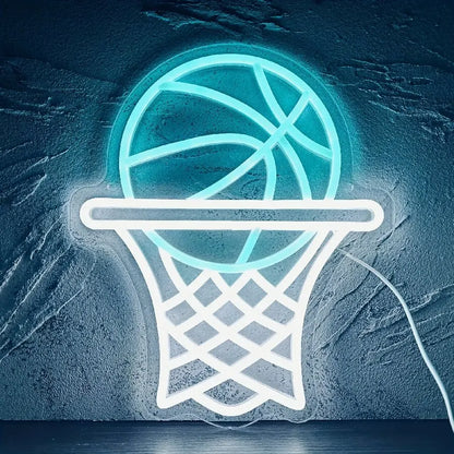 Basketball neon sign featuring a glowing LED basketball hoop design, perfect as wall décor for bedrooms, game rooms, home gyms, sports rooms, and basketball fan collections.