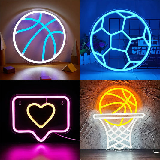Basketball neon sign collection featuring LED wall decor designs including a basketball, basketball hoop, and sports-themed neon lights for bedrooms, game rooms, offices, and basketball fan spaces.