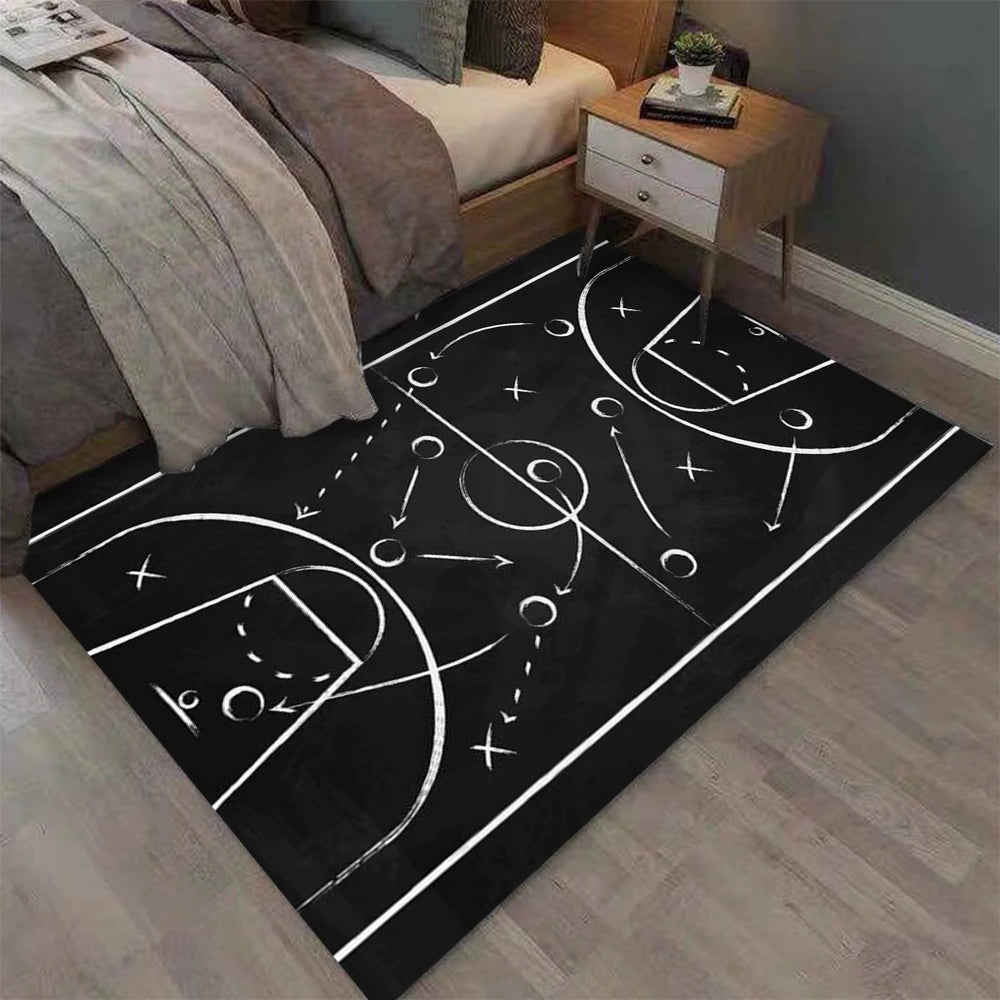 Rectangle basketball playbook court rug featuring a tactical court diagram, soft non-slip surface, and modern design for bedrooms, game rooms, basketball-themed décor, and sports fans.