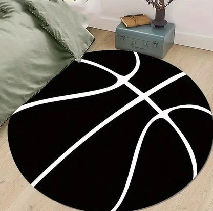Black round basketball rug with a modern basketball line design, featuring a soft non-slip surface for bedrooms, game rooms, basketball-themed décor, and sports enthusiasts.
