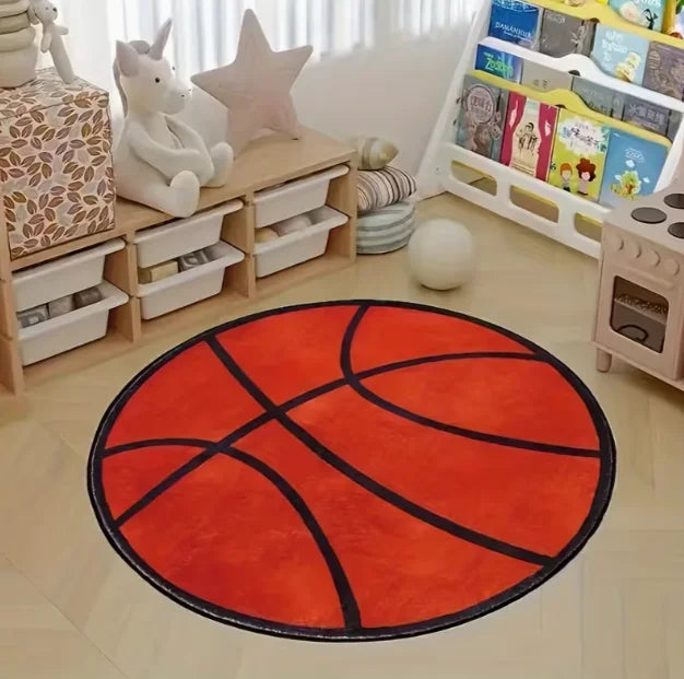 Round basketball rug placed in a kids' playroom, featuring a soft non-slip basketball design ideal for bedrooms, nurseries, game rooms, basketball-themed décor, and sports fans.