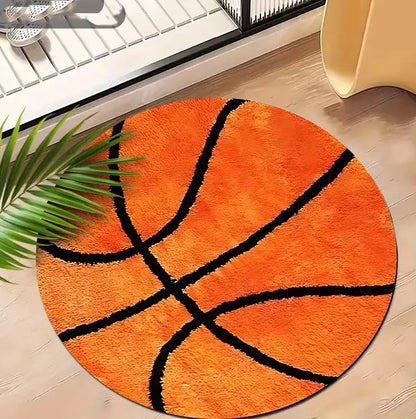 Round basketball rug with a realistic basketball print, featuring a soft non-slip carpet design for bedrooms, game rooms, basketball-themed spaces, and sports home décor.