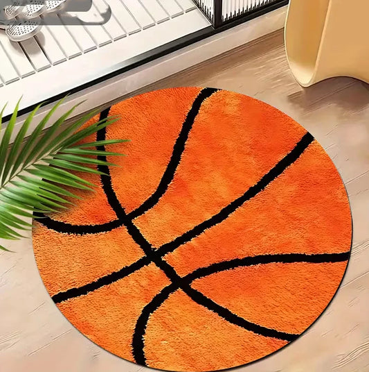 Round basketball rug with a realistic basketball print, featuring a soft non-slip carpet design for bedrooms, game rooms, basketball-themed spaces, and sports home décor.